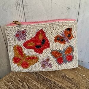 Beaded Coin Purse Pink Wallet Spring Butterflies Gift Travel Pouch New FAST SHIP